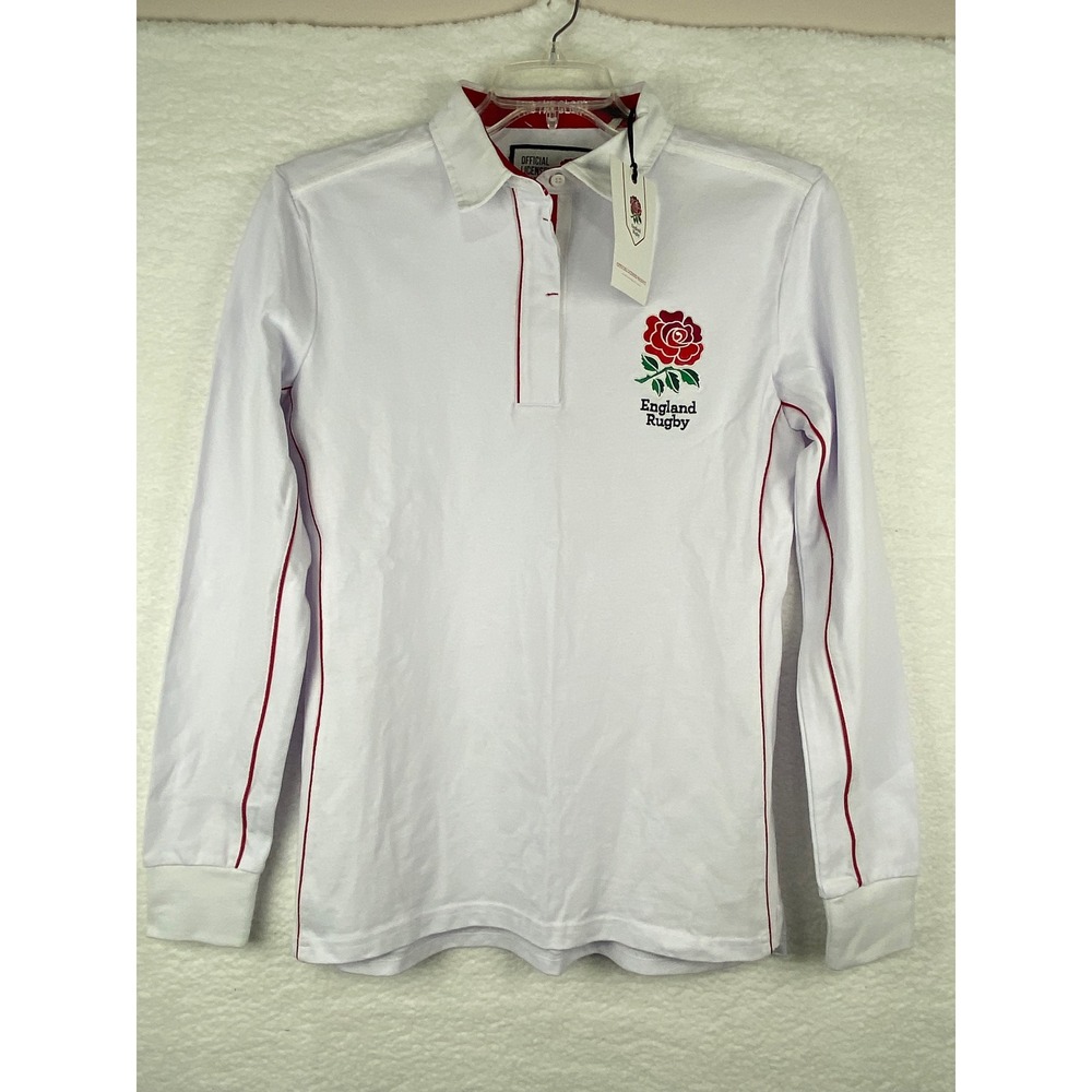England Rugby Official Licensed Long Sleeve Polo Shirt White Red Size 16 XL NEW